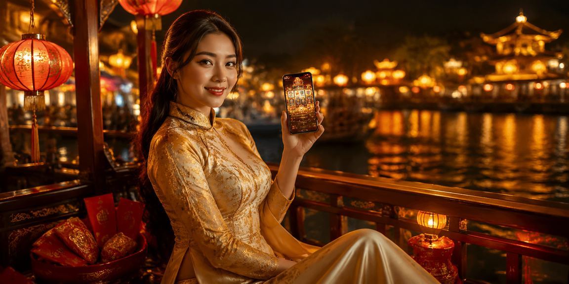 Người chơi tại Huế thưởng thức slot game với trang phục áo dài truyền thống trong không gian giải trí