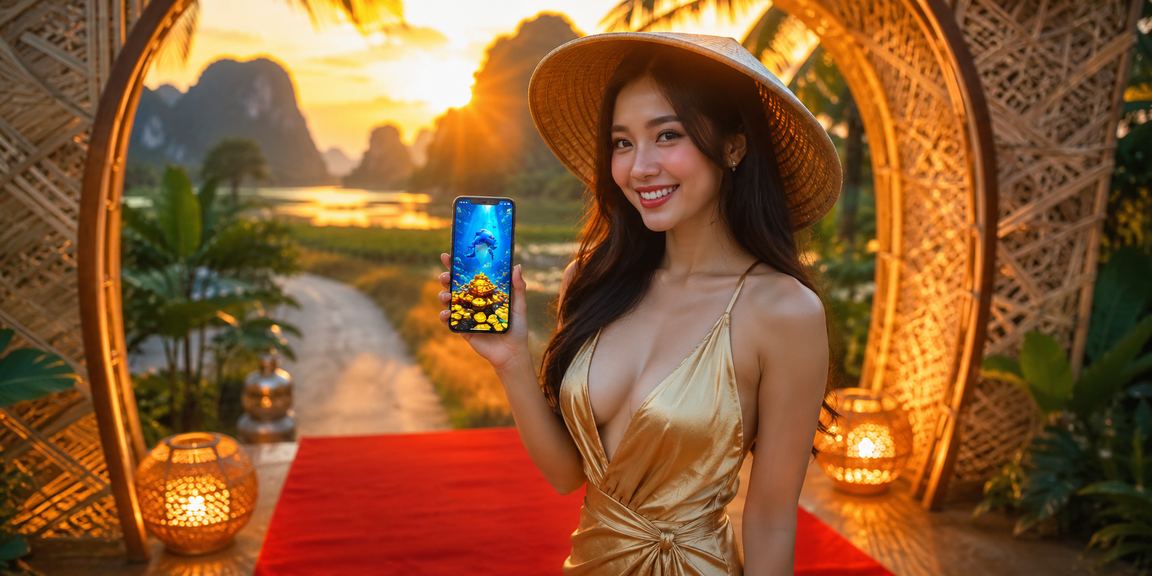 Người dùng tại Ninh Bình chơi casino trực tuyến qua điện thoại di động với nón lá truyền thống trong khung cảnh